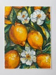 Lemons Painting Fruit Original Art Flowers Abstract Wall Art Oil Pastels Artwork