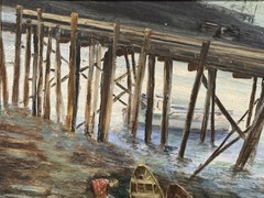 FLORA E. SCHAIFER – c1940s Seascape Oil Painting w/ Pier „Cape Porpoise, Maine“