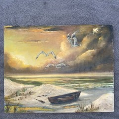 Vntg Original 1970’s Seascape Oil Painting Seagulls Birds Boat Beach 16” X 20”