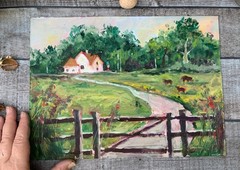Original Painting Cottage Art Tiny House Countryside Artwork 9×12″ Rural Life