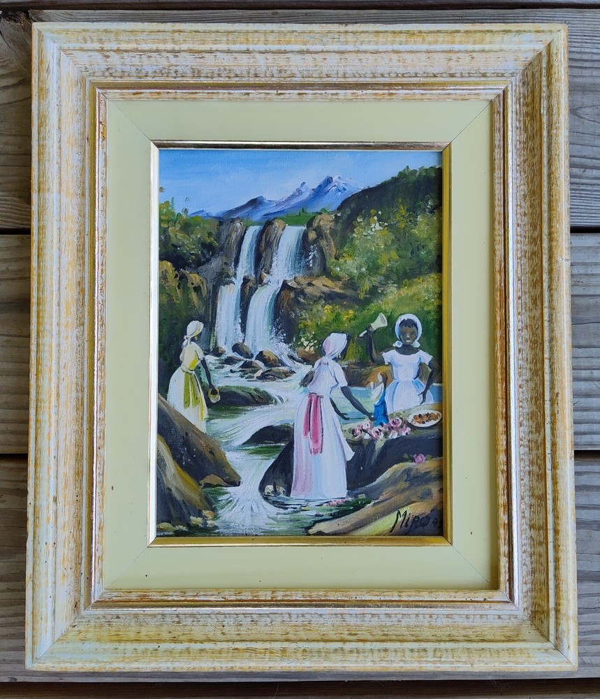 Caribbean Folk Art Oil Painting of women in a mountain stream signed Miro