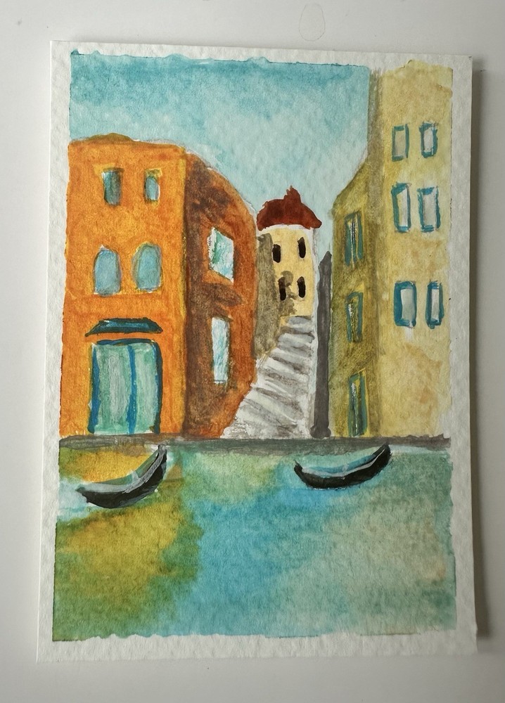 Original Small Impressionist Cityscape Canal Painting Boats on Paper Unframed