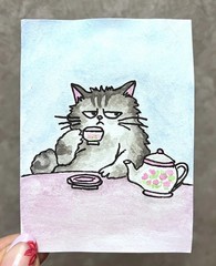 ACEO Original Art cute Cat ‘Grumpy Earl Grey’ tea miniature painting