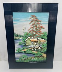 Asian Painting Landscape Theme On Material Signed 19 Inches High