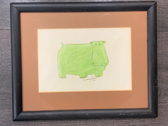Original Naomi Parker 1974 Hand Painted Watercolor Green Hippo Signed Art
