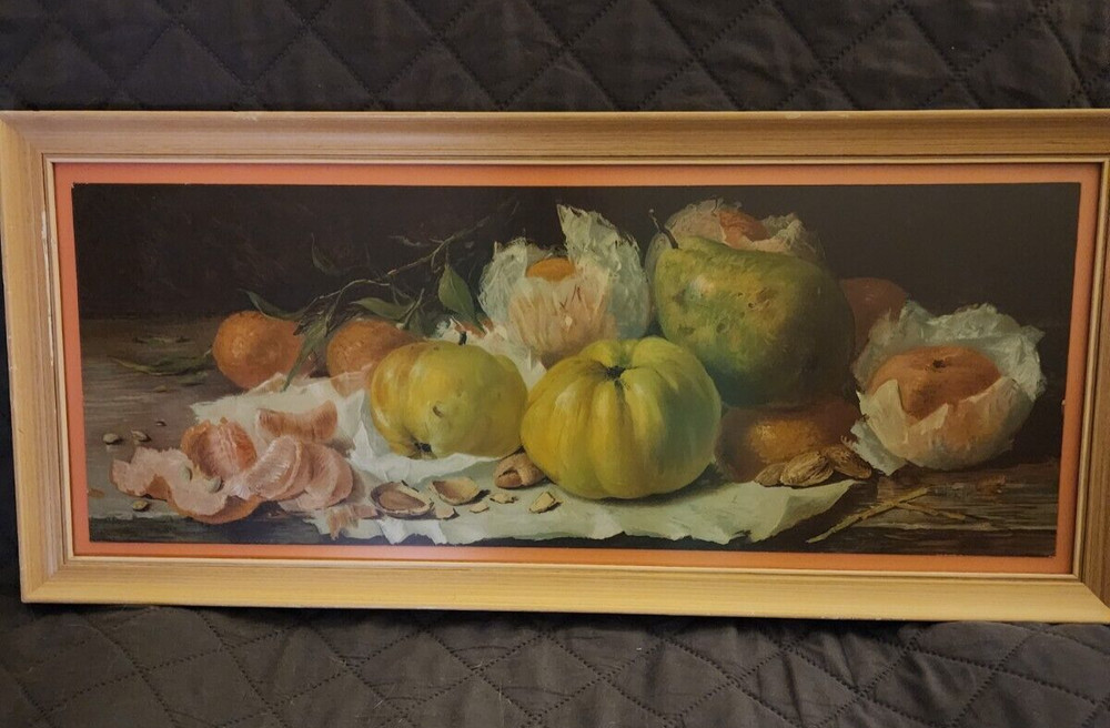 Vintage Oil Painting Still Life Fruit Matted & Framed 11 in x 25 in