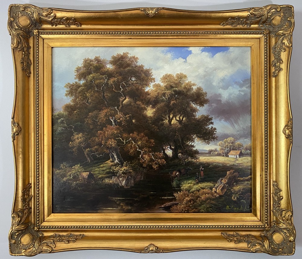 Amazing Landscape – Farm in Background- Cows & people in foreground – gold frame