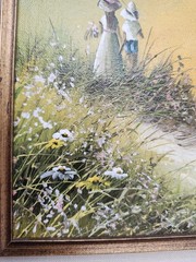 J Fenton Framed Oil Painting Children Flowers & Seagulls on Beach Signed