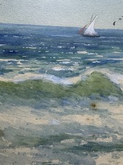 Watercolor And Gouache Framed: Nice Castle Rock Seascape, Rocher