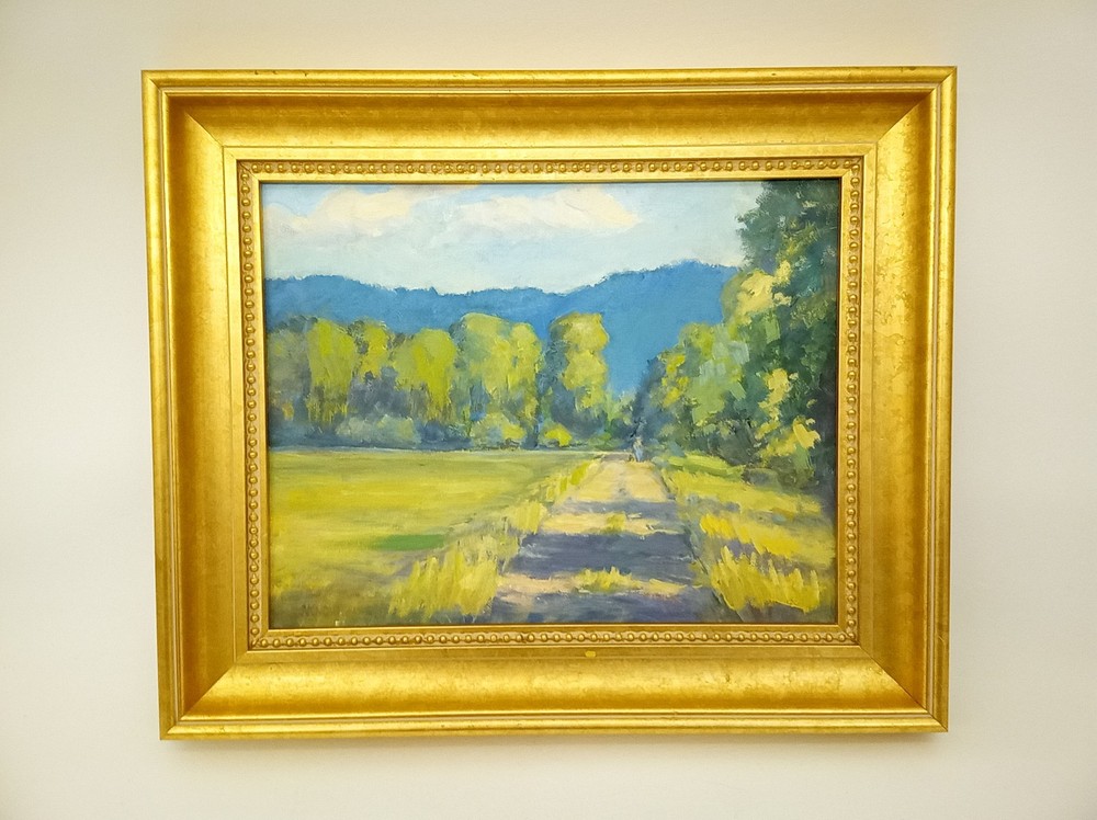 Nancy Knowles original oil painting landscape with trees & path framed gold
