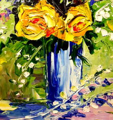 Yellow roses in a vase. Oil painting 6×8 inches. Handmade. Artist from Ukraine.