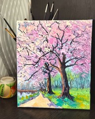 Original Oil Painting Cherry Blossoms Trees on stretched canvas 30X25cm Signed