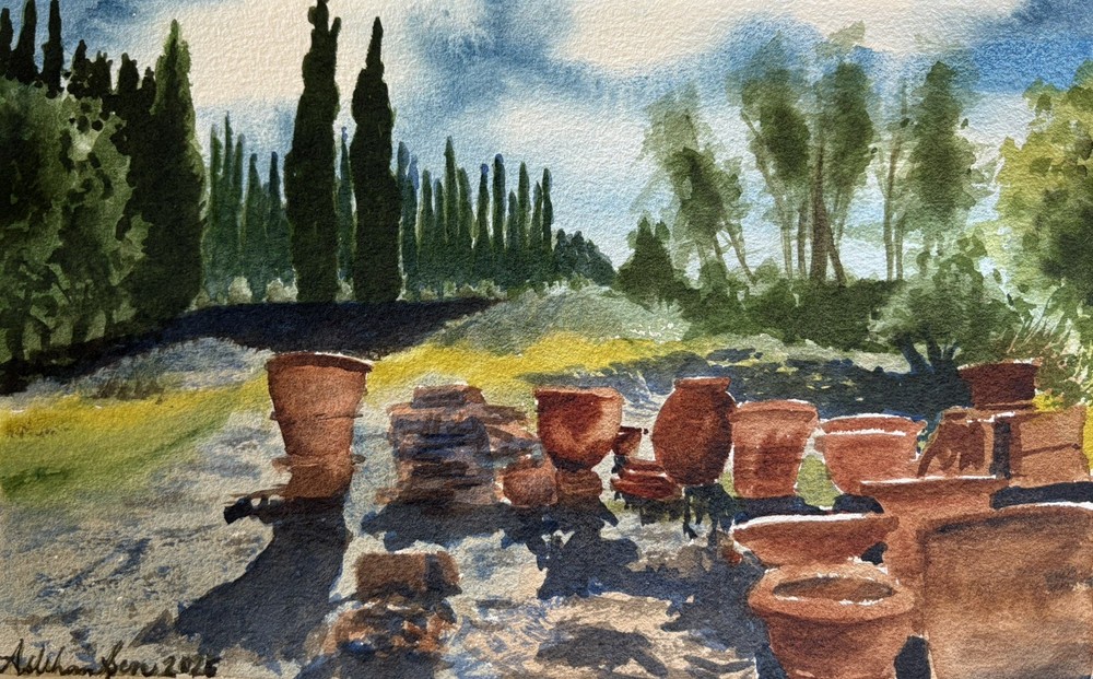 Original watercolor Italian French Rural Country Landscape 10.5×7.5” cottagecore