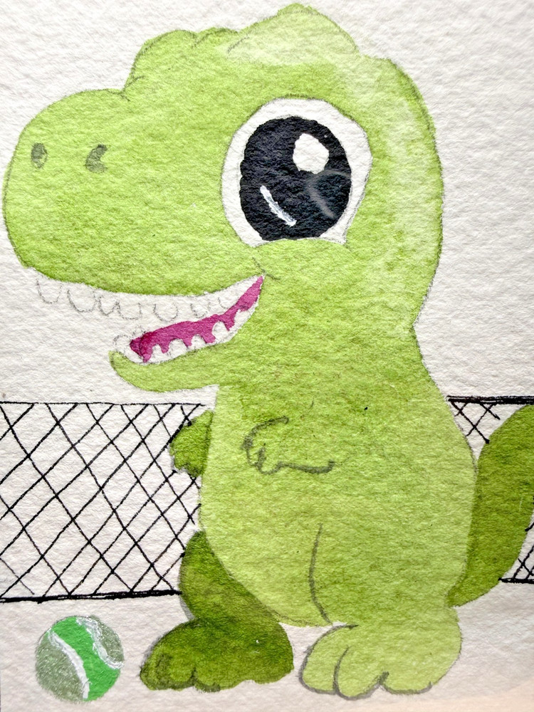 ACEO Original OOAK Signed (Not a Print) „Tennis Rex“ Cute Tyrannosaurus Tennis