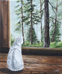 Original acrylic small painting white cat sitting window forest pine trees