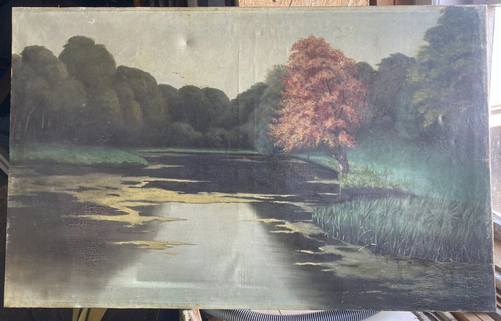 Oil Painting Landscape Sky Lake Tree Shore Pond Reed Autumn Art Nouveau