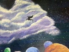 BJS Signed Original Fantasy Outer Space Planets Dragon Canvas Painting 2004