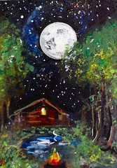 ACEO Original PAINTING Summer CABIN Lake Fire Night Stars Moon Landscape ATC ART