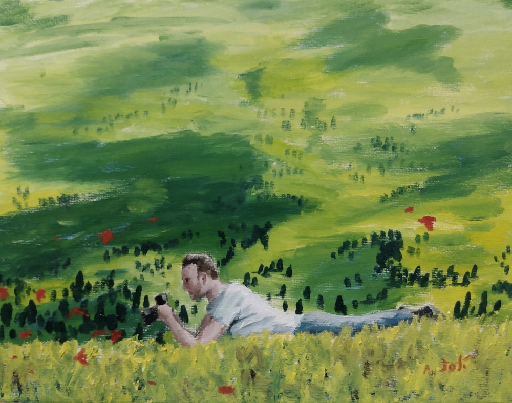 Oil Painting Man Photographing Birds Landscape Animal Wildlife Art by A. Joli