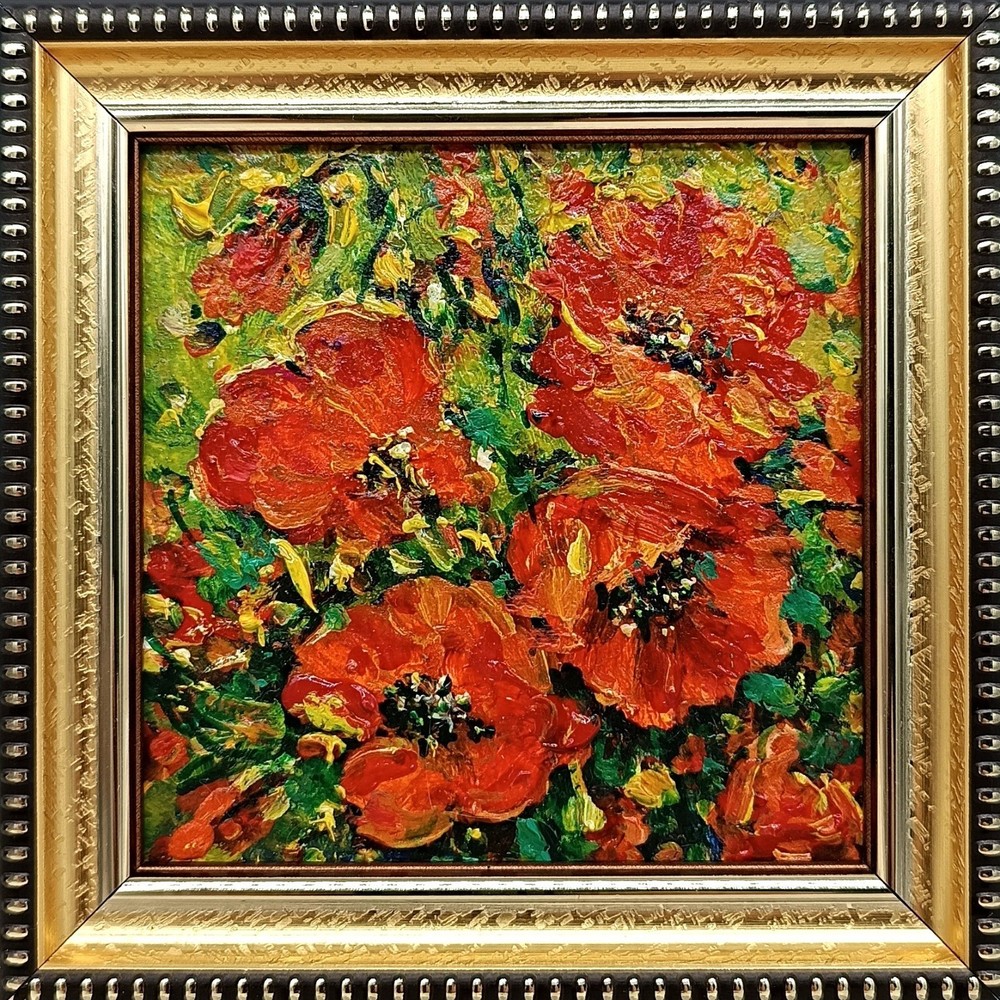 Original Oil Painting Summer Landscape Wildflowers Red Poppies Signed 4×4