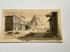 ANTIQUE ART DECO PAINTING ILLUSTRATION Ghost Town Western Landscape Desert