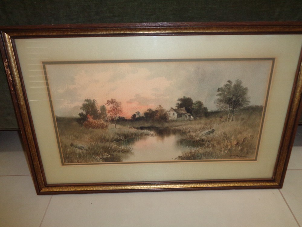 A. T. Bazane (1846-1921) River Landscape Scene Watercolor Painting Framed