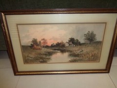 A. T. Bazane (1846-1921) River Landscape Scene Watercolor Painting Framed