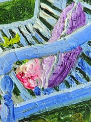 Garden Bench with Hat Oil Painting 21×26 cm Flowers Landscape Painting with Frame