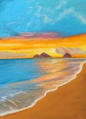 Seascape Painting Tropical Seaside Sunset Beach Original Oil Pastel 8х11″