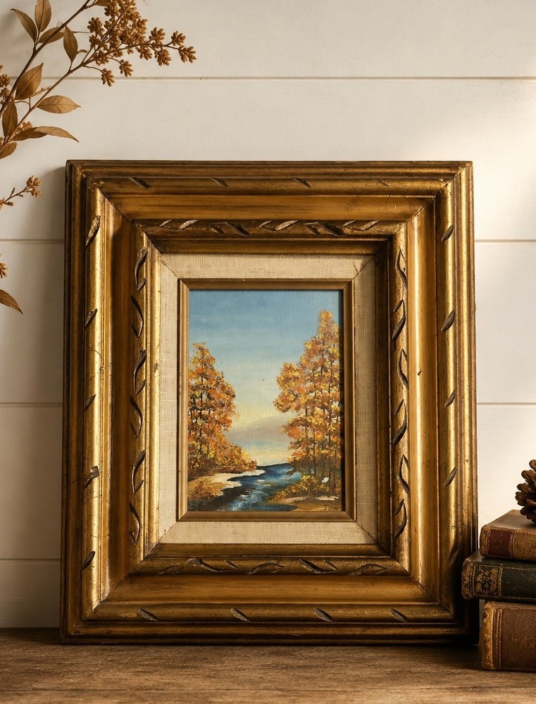 Vintage Fall River Landscape Painting Ornate Gold Frame Rustic Cottage Art 12×14