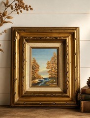 Vintage Fall River Landscape Painting Ornate Gold Frame Rustic Cottage Art 12×14