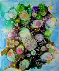 Original 20×24″ bubbles pink blue green painting by Lynne Kohler