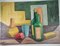 Mid-Century Modern Still Life Apple, Wine Bottles Painting By Anna Lisa Moline