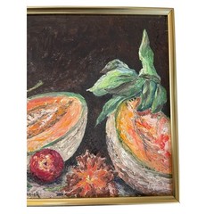 Original Oil Painting Cantaloupe Fruit Signed Framed Still Life 16.5″ x 13″