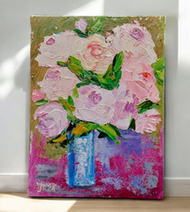 Peonies Original Painting Semi-Abstract Flowers in a Vase Handmade Wall Art OOAK