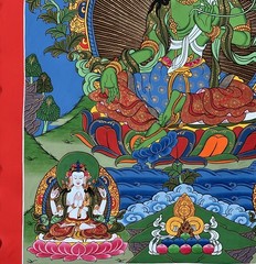 ORIGINAL HAND-PAINTED GREEN TARA TIBETAN MASTERPIECE THANGKA WITH DHYANI BUDDHAS