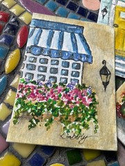ACEO Original Blue Awning Window, Cottage, Flowers, Watercolor by Kimberly Tyson