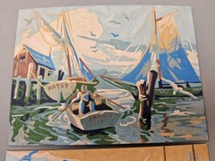 Vintage Paint By Number Nautical Harbor Scene Pair MCM Coastal Sailboat Unframed