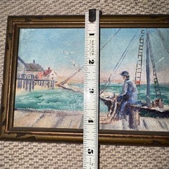 Antique Oil on Board Painting – New England Maritime Shore Fisherman on Dock