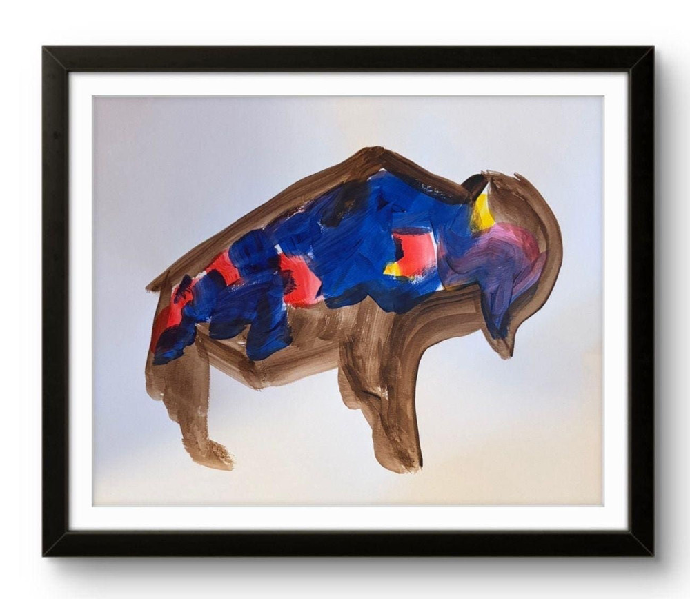 Bold Colorful Abstract Bison Buffalo Painting 14×11 Modern Unframed Signed Wall