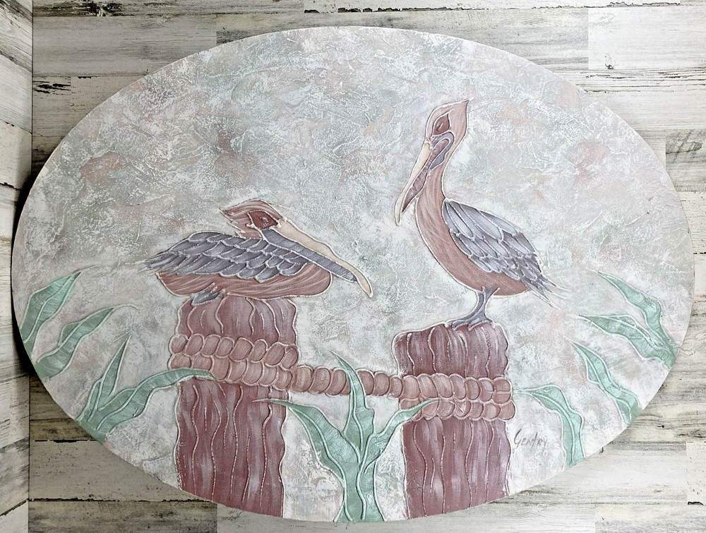 Pelicans on Piers Oval Canvas 44 x 32 Mauve Green Pink 1990’s Signed Gentry