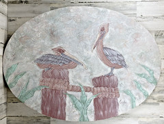 Pelicans on Piers Oval Canvas 44 x 32 Mauve Green Pink 1990’s Signed Gentry