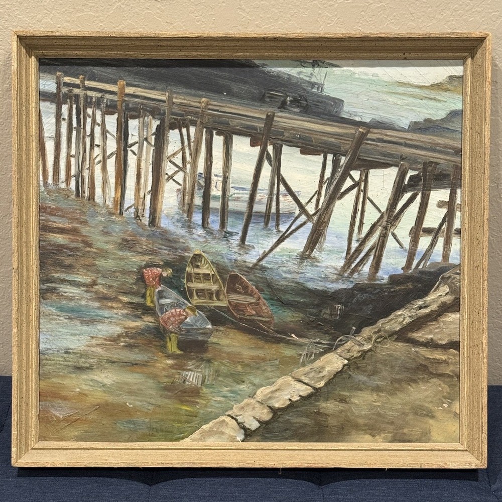 FLORA E. SCHAIFER – c1940s Seascape Oil Painting w/ Pier „Cape Porpoise, Maine“