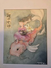 7.5″ X 9.5″ Signed Watercolor Art Featuring Koi Fish “ Goddess Of The Carp“ New