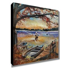 YARY DLUHOS Fly Fishing Anglers Sunset Lake Landscape Original Art Oil Painting