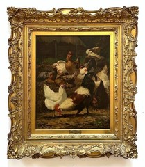 Edwin M Rinaldo -Rare 1898 painting San Francisco Artist – Chickens in Farm Yard