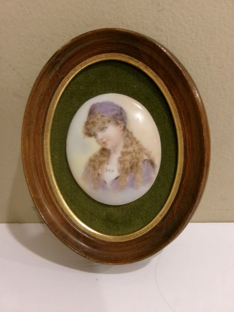Antique Hand Painted Miniature Porcelain Portrait in Wood Frame 5″