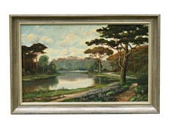 Antique Oil Painting Signed, Forest Landscape on Cardboard, Framed