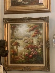 Beautiful European garden scene oil on canvas Framed￼ 27 1/2 “wide￼ 31 1/4 Tall