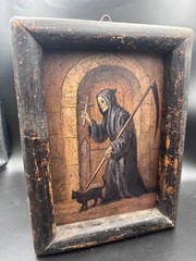 RRR Antique Oil Painting Skull Vanitas MEMENTO MORI vtg devil wood art Victorian